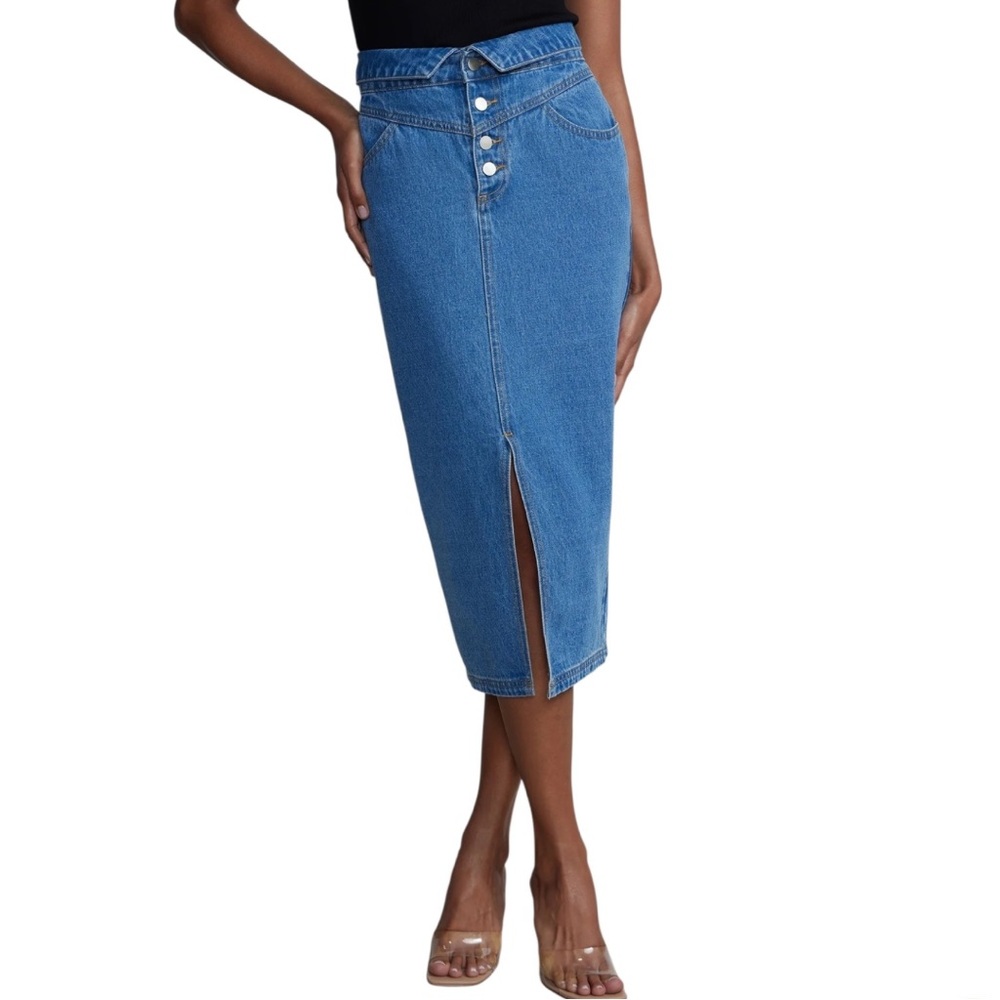 Super High Rise Front Button Denim Midi Skirt Pockets 100% Cotton Casual Size XS